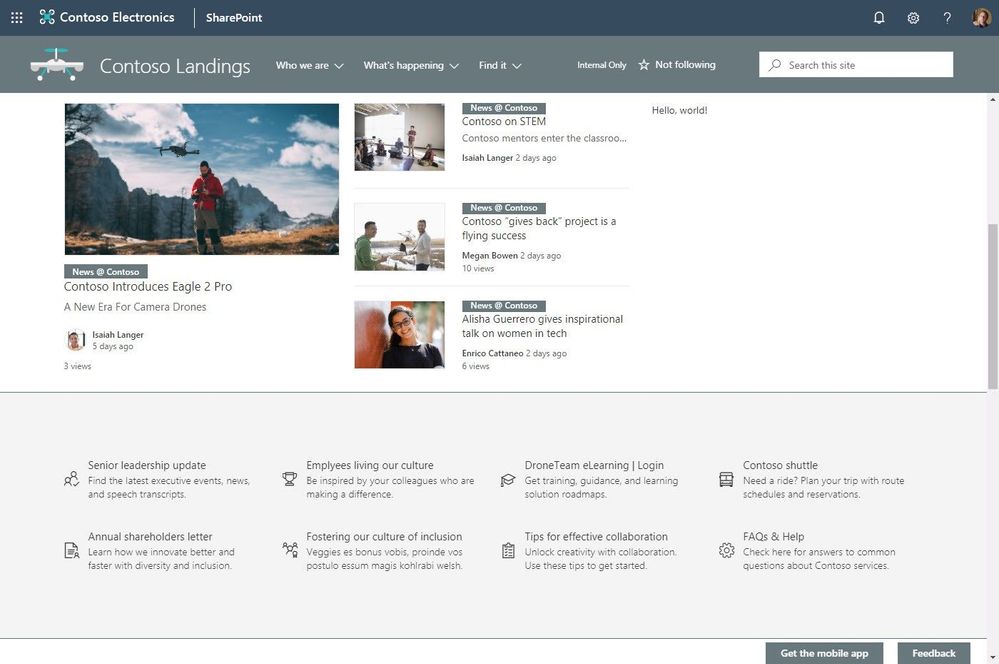 SharePoint news webpart showing organizational news coming from the News @ Contoso site.