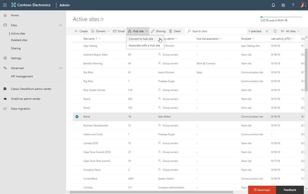 Select any team or communication site and convert it to a hub site or associate it to an exsiting one - in one click (#noPowershell).