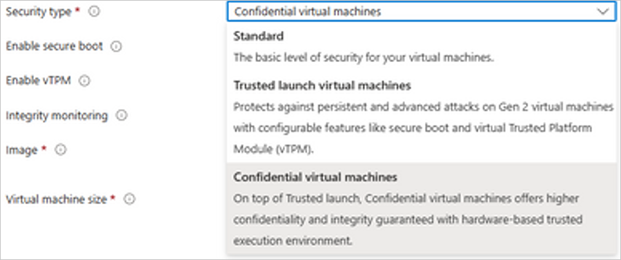 Select Confidential Virtual Machines from the Security Type dropdown in the AVD Host Pool Virtual Machine blade..png