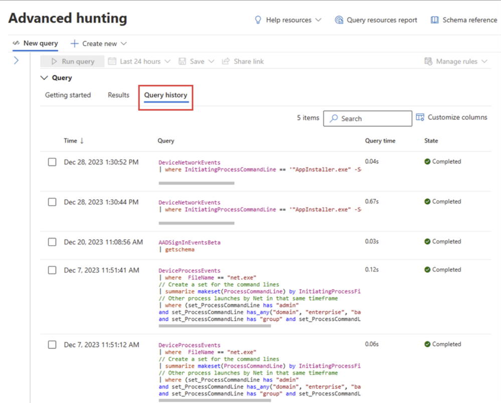 Figure 7: Query history in Advanced hunting page