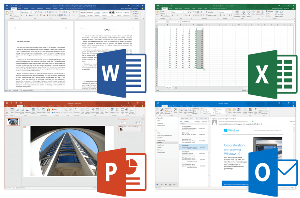 Example screenshot of Microsoft Word, Excel, Powerpoint and Outlook