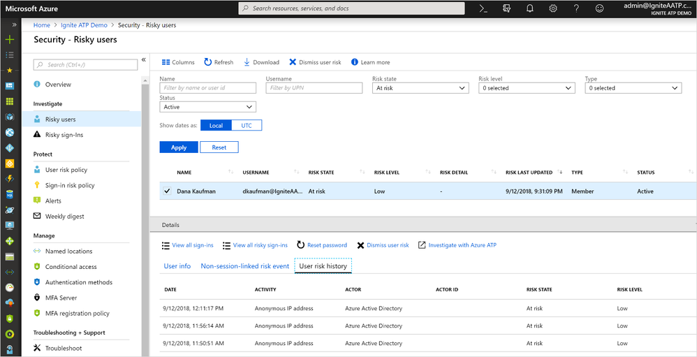 Greater visibility in Azure AD Identity Protection including the ability to investigate with Azure ATP.