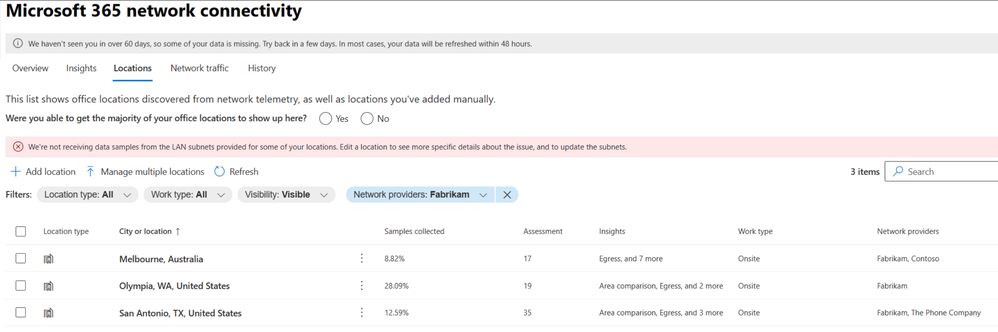 List of locations automatically filtered for a network provider