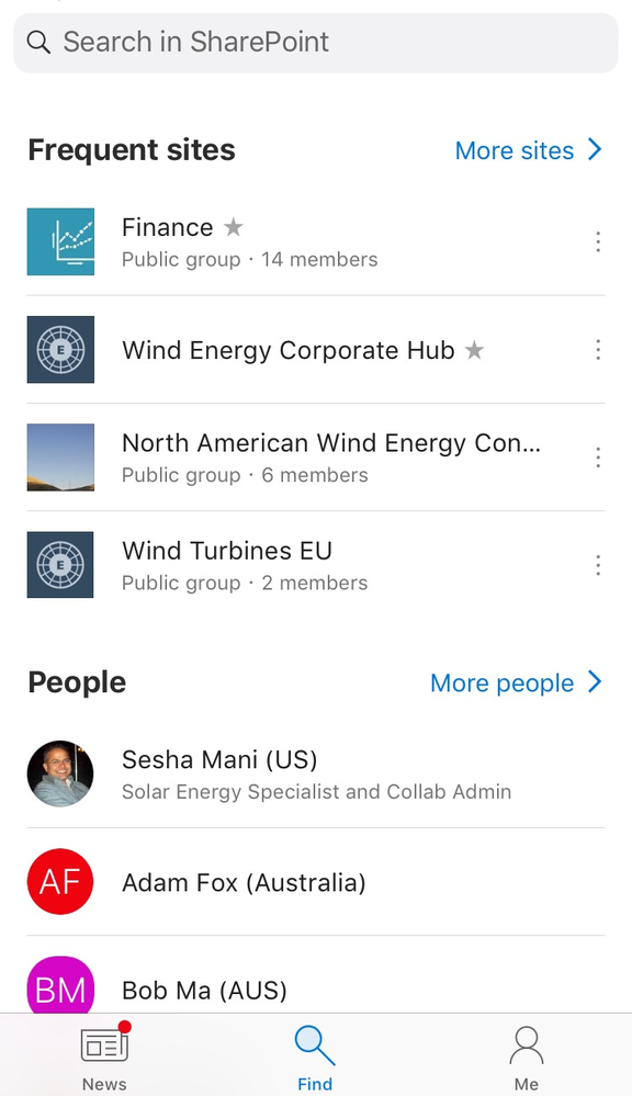 SharePoint Mobile with sites and people from around the world