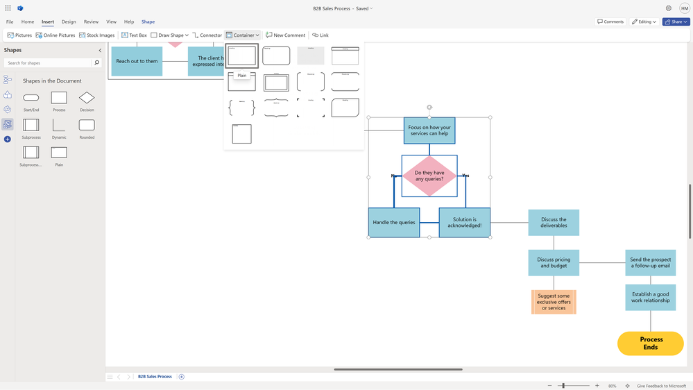 Visually group shapes in your diagrams with containers in Visio for the web