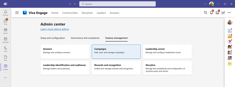 Select Campaigns on the Feature management tab to access the campaign dashboard within Viva Engage.