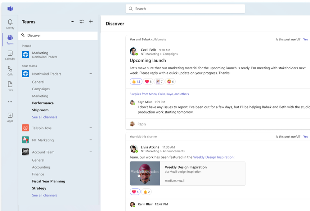 The customizable Discover feed in Microsoft Teams.