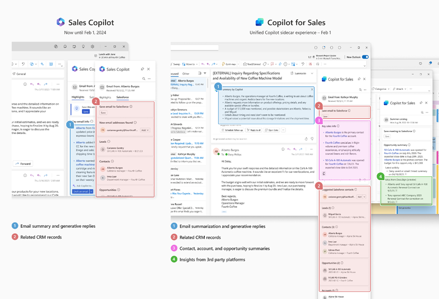 Screenshot showing user experience differences between Sales Copilot and Copilot for Sales