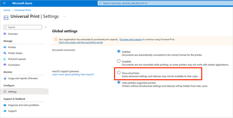 The Global settings page for Universal Print in the Microsoft Azure Portal.
