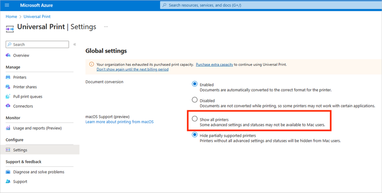 thumbnail image 1 captioned The Global settings page for Universal Print in the Microsoft Azure Portal.