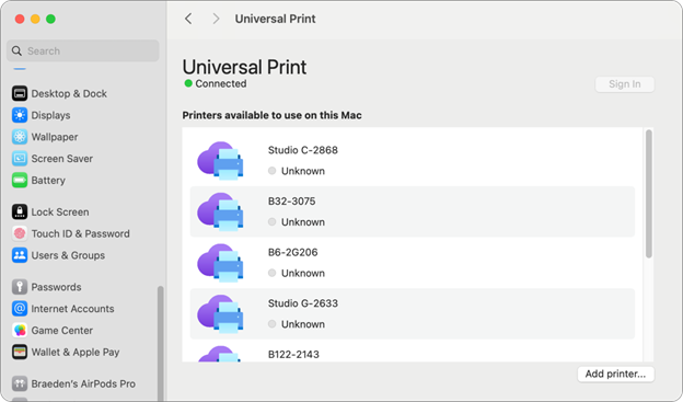 The Universal Print system dialog in macOS showing a list of available printers