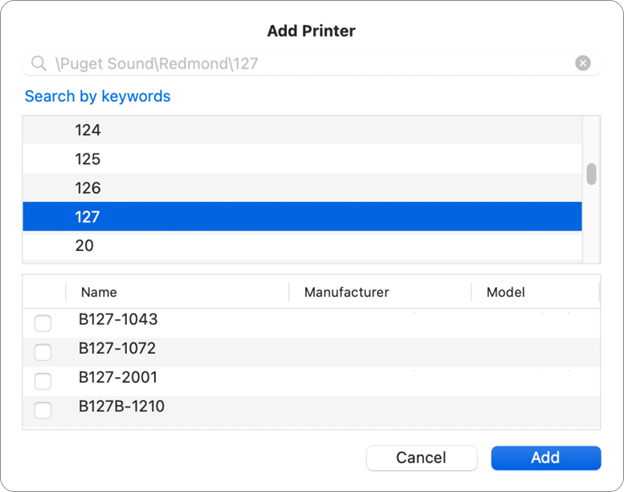 The Add Printer dialog showing a search for printers by keyword