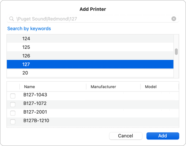 thumbnail image 3 captioned The Add Printer dialog showing a search for printers by keyword