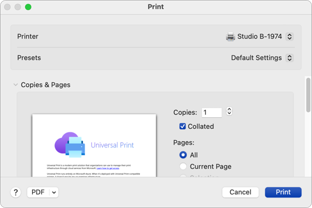 The Print dialog in macOS showing the Universal Print printer