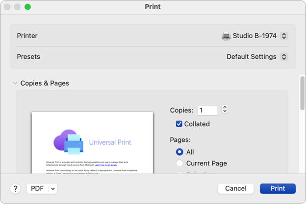 thumbnail image 4 captioned The Print dialog in macOS showing the Universal Print printer