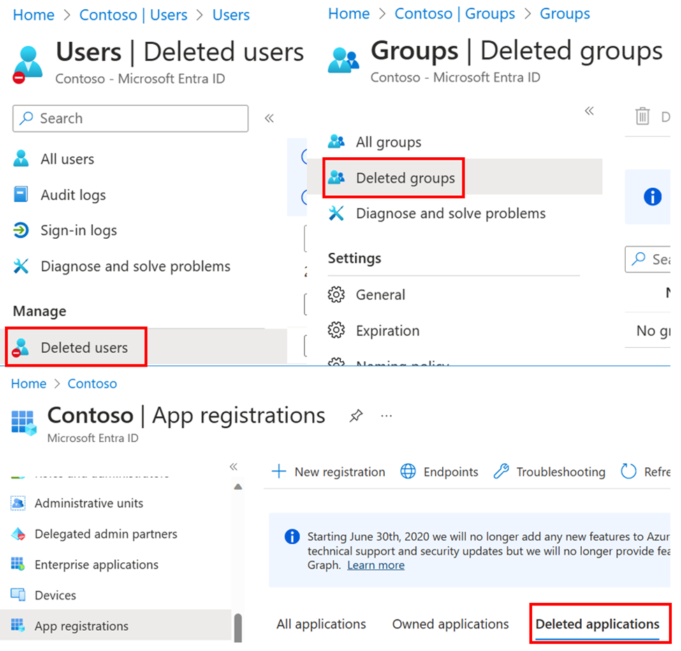 Figure 2: Deleted objects experience for users, groups, and applications
