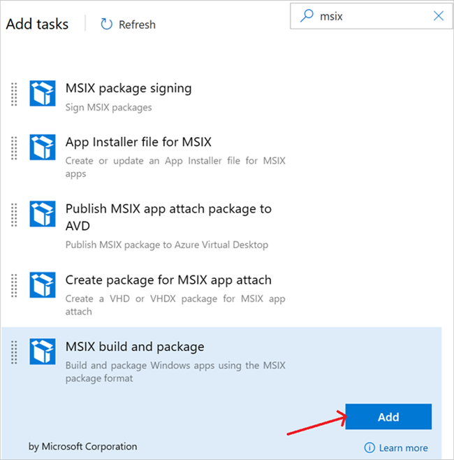 Screenshot of a red arrow pointing at the Add button for MSIX build and package option.png