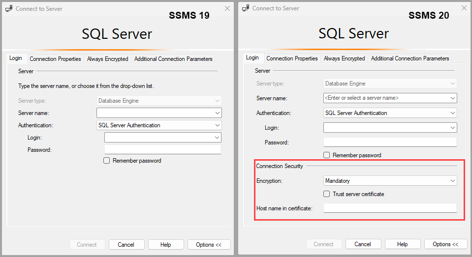 Side-by-side screenshots of the Login page for the connection dialog for SSMS 19 and SSMS 20