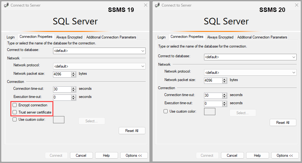 Side-by-side screenshots of the Connection Properties page for the connection dialog for SSMS 19 and SSMS 20