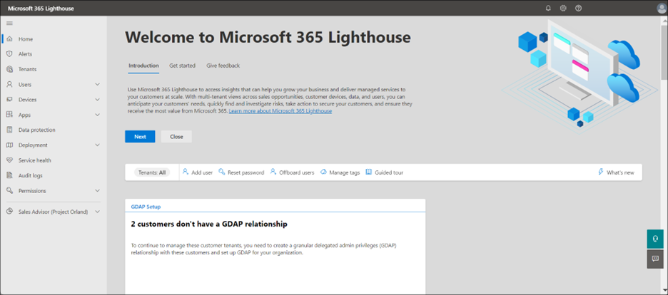 Screenshot of the Microsoft 365 Lighthouse home page.