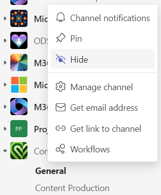 Right-click a General channel in Microsoft Teams and select Hide.