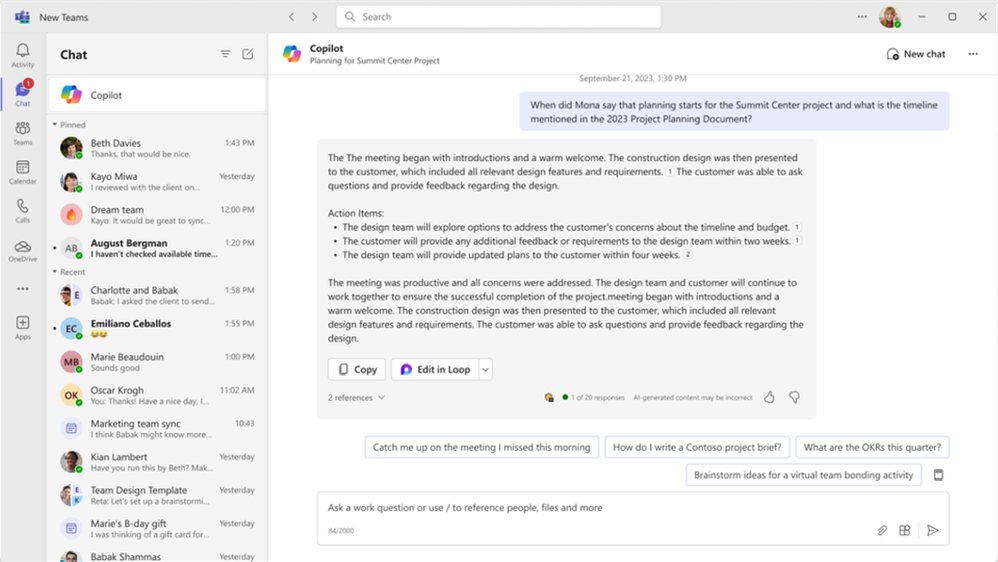 Screen shot of New Copilot experience in Microsoft Teams Chat