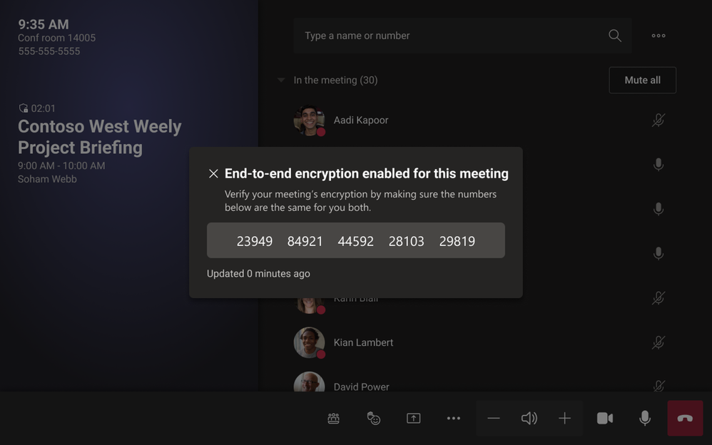 A screenshot of a Teams Premium meeting protection on Teams Rooms on Android