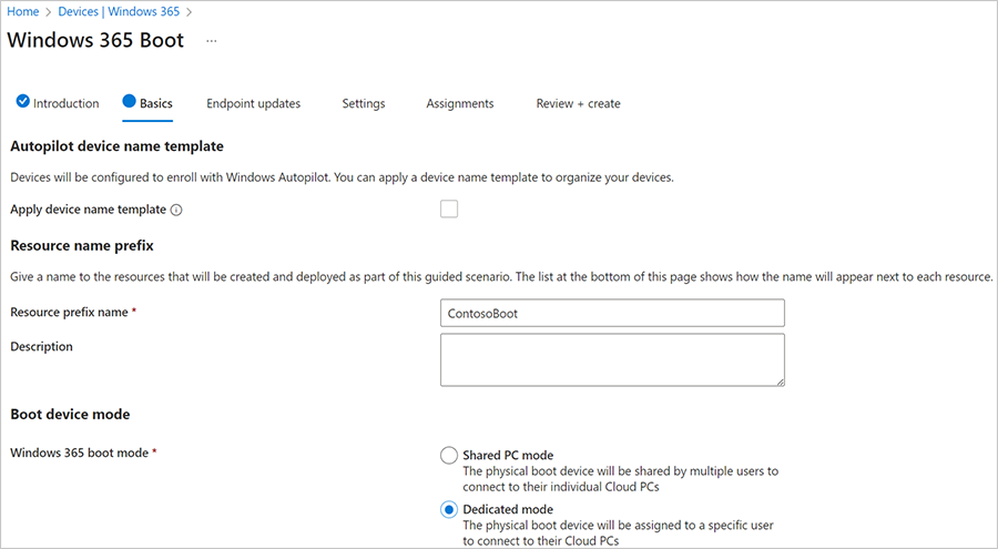 Screenshot of the Basics menu for Windows 365 Boot in the Microsoft Intune admin center.
