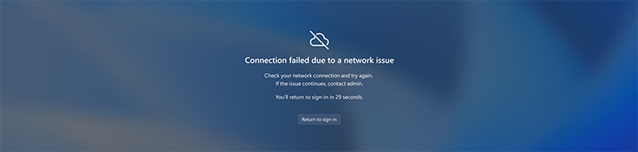 Screenshot of notification on the Windows login screen when there are network issues trying to connect.