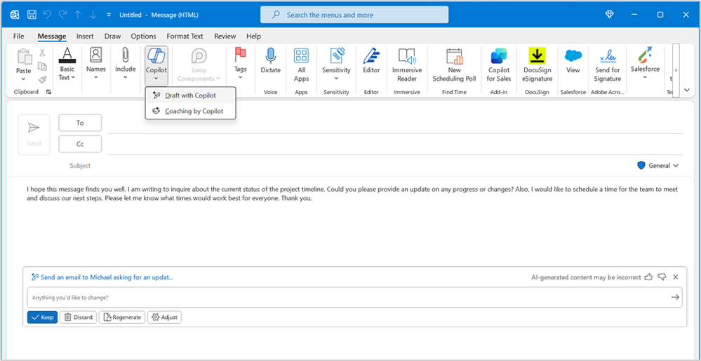 An image of a message composed in the classic Outlook for Windows with the Copilot icon being clicked to reveal options for draft and coaching.