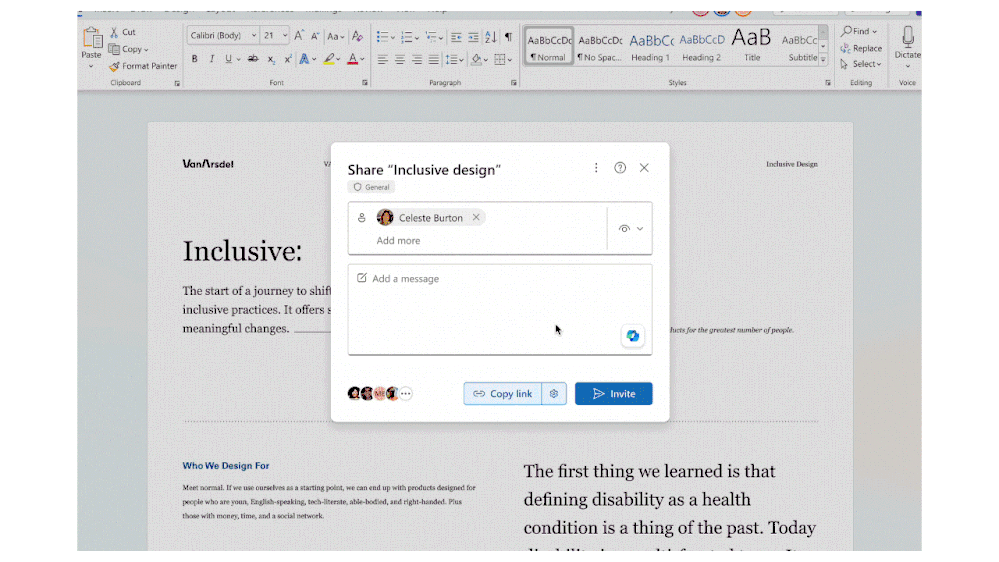 GIF showing AI-generated sharing summary when sharing a Microsoft Word doc.
