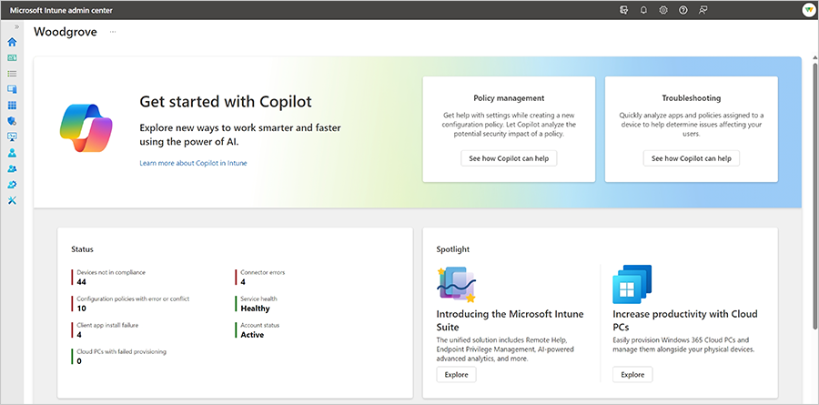 Screenshot of Copilot in Intune with the options for policy management and troubleshooting.