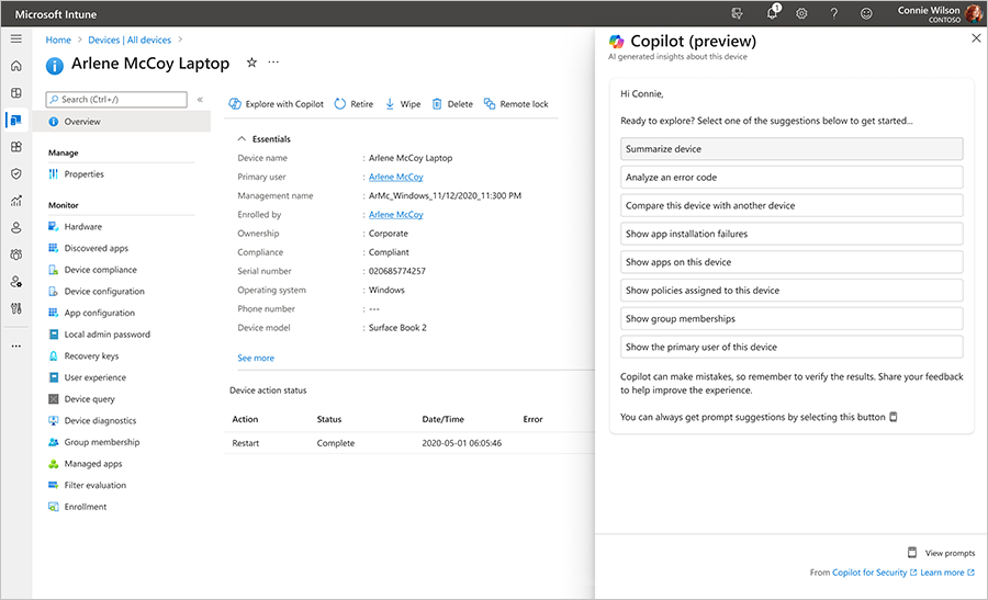 Screenshot of Copilot in Intune aiding with device troubleshooting.