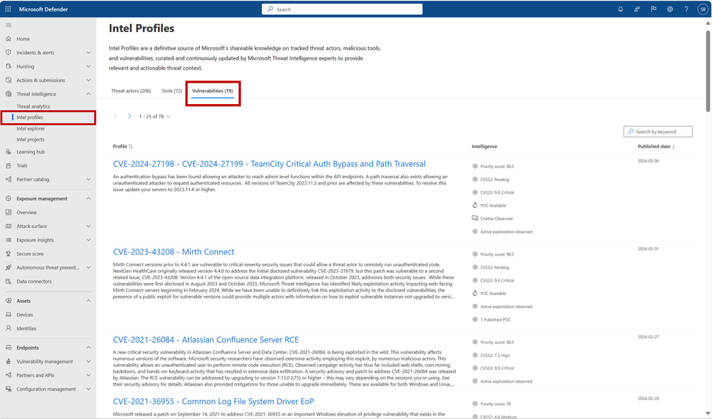 Vulnerability Profiles are accessible from the “Vulnerabilities” tab on the Intel Profiles page, which is contained under the threat intelligence blade in the left navigation.