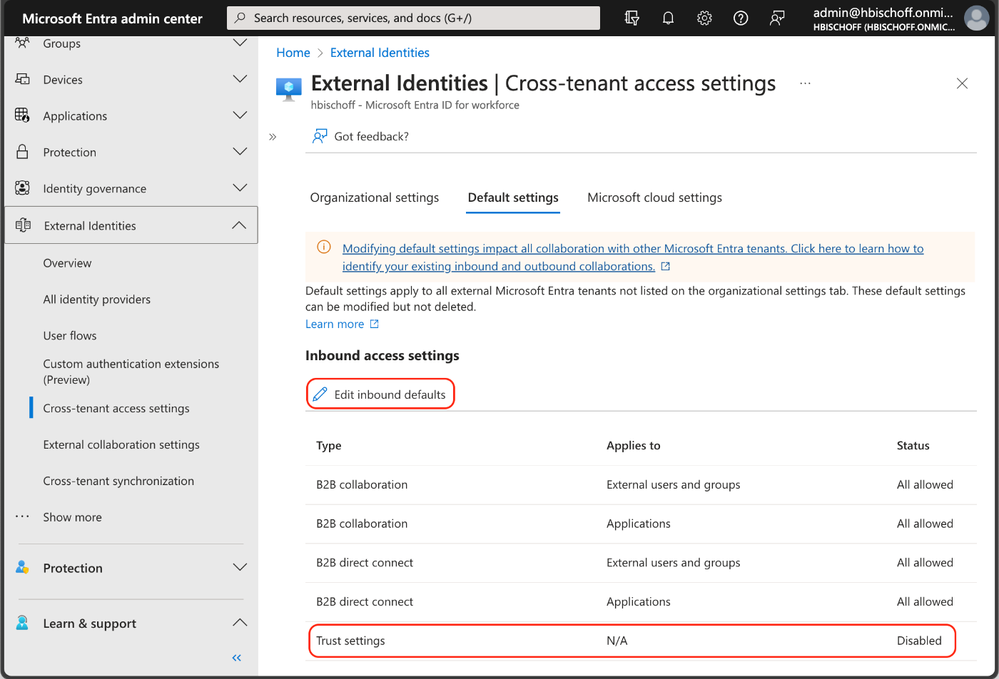 Figure 2: Cross-tenant access settings in Microsoft Entra admin center
