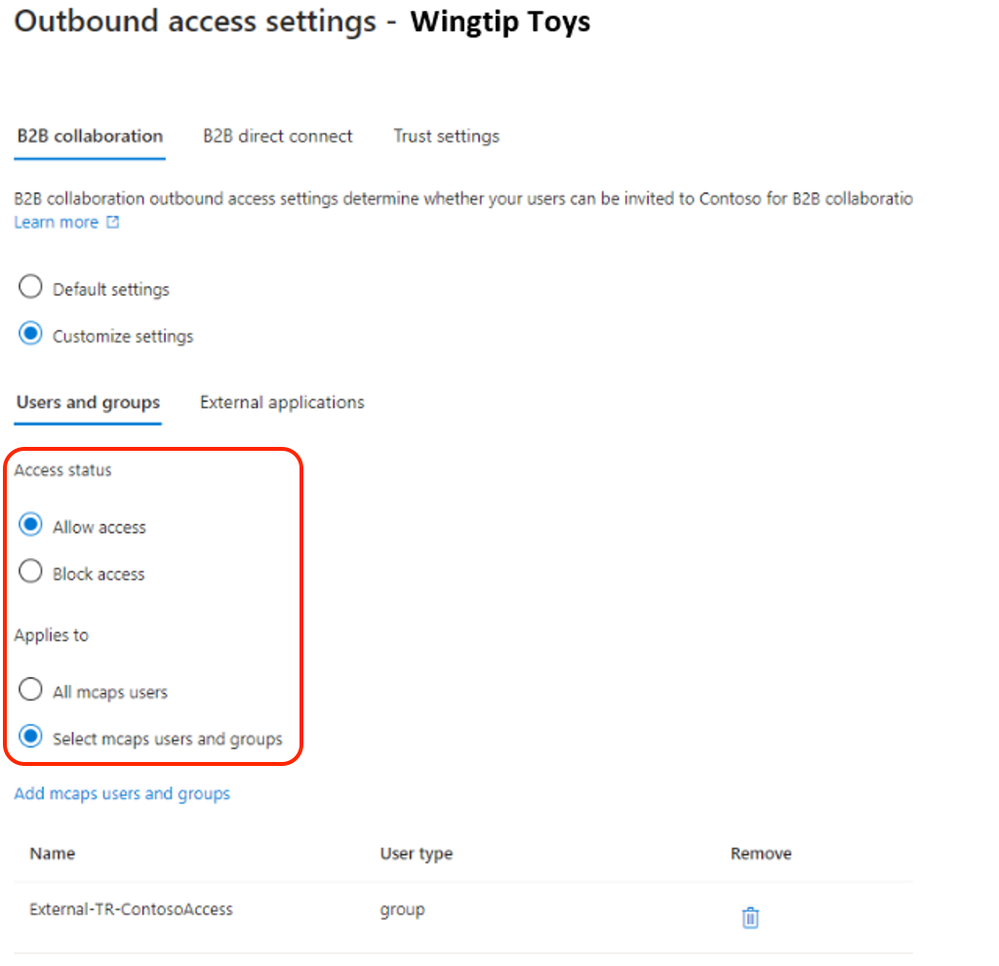 Figure 9: Outbound access settings users and groups