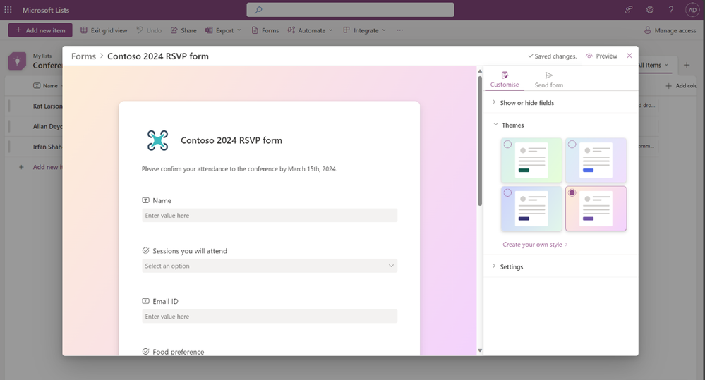 The new Forms experience in Microsoft Lists - showing how you can select pre-made themes or create your own style.