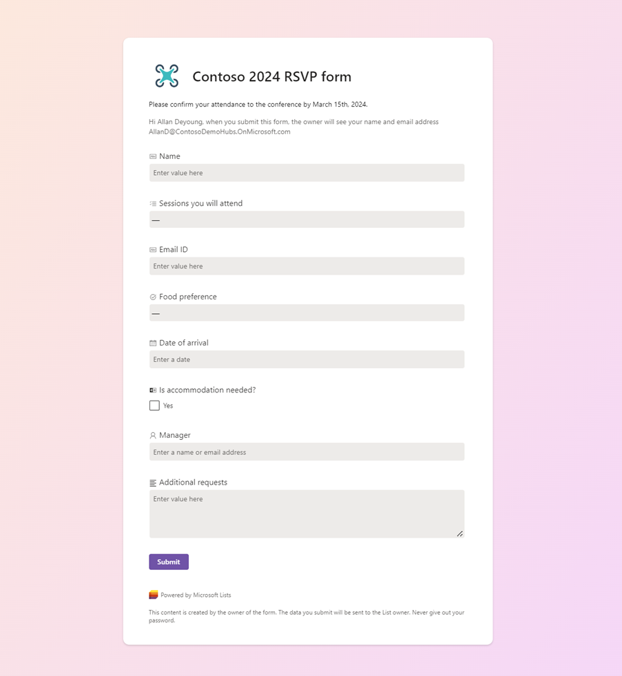 The new Forms experience in Microsoft Lists - showing what a recipient sees when they click on the Form share link – they simply, and only, see the form as you designed it.