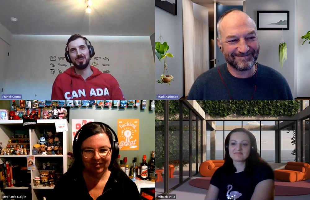 The Intrazone guests and co-host via Teams, clockwise from top left: Franck Cornu (Ubisoft – guest), Mark Kashman (Microsoft – co-host), Mihaela Nita (Ubisoft – guest), and Stephanie Daigle (Ubisoft – guest).