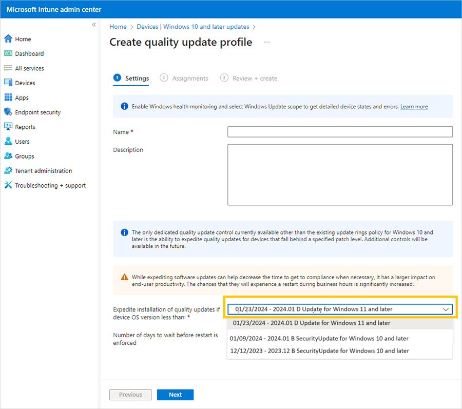 Screenshot of Intune’s profile creation settings, focused on the latest non-security quality update.