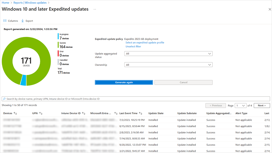 A summary report view of Windows expedited updates in Intune. The bottom part lists device by device, with its respective identifiers, update aggregate state, and other details.