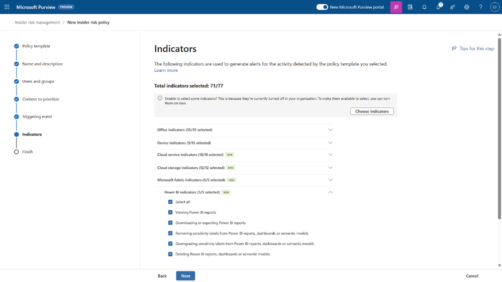 Figure 6: Admin can choose the risk indicators across Microsoft Fabric, Microsoft 365, and other sources