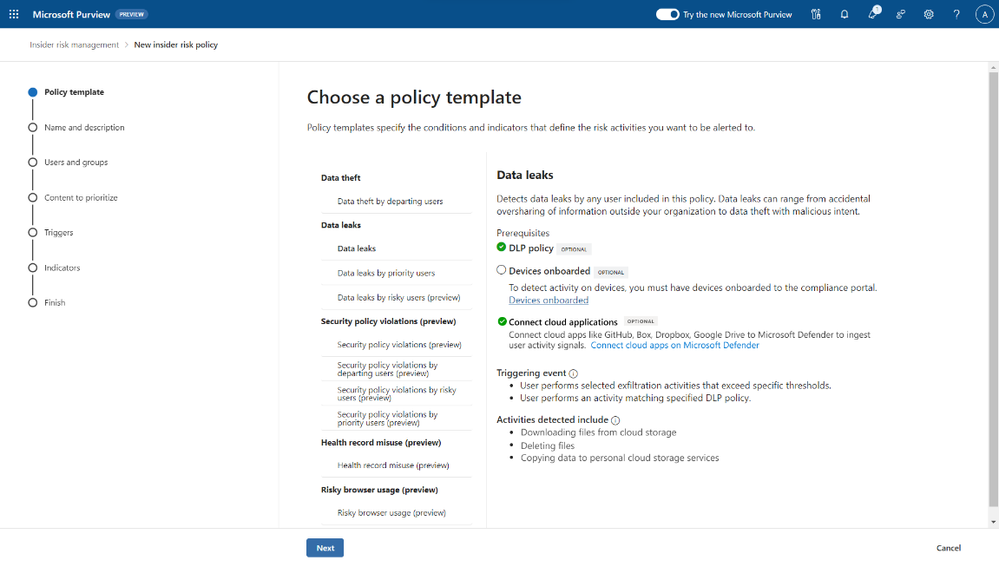 Figure 5: Admin can create a Data theft or Data leaks policy with new indicators