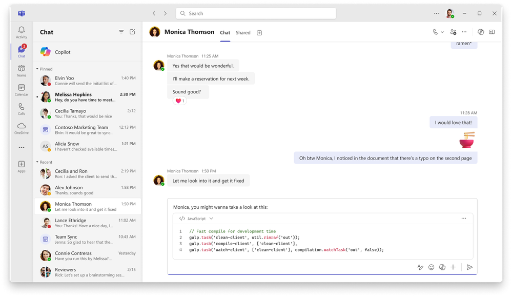 thumbnail image 3 captioned Figure 3: Developers can easily share code in Teams by sending blocks of code in chat without any formatting issues.