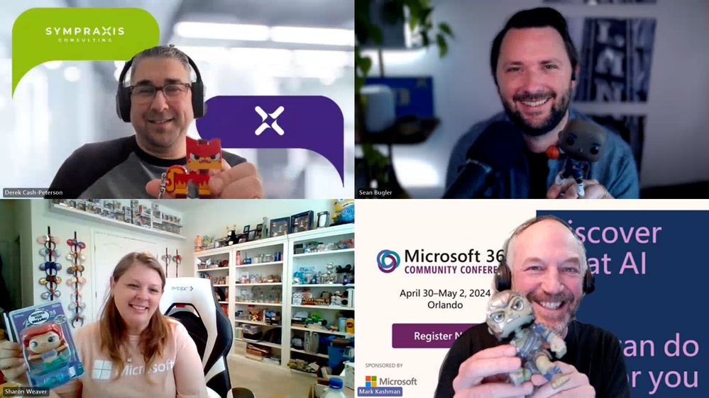 The Intrazone guests and co-host via Teams, clockwise from top left: Derek Cash-Peterson (Sympraxis – guest), Sean Bugler (Metropolitan Transportation Commission – guest), Mark Kashman (Microsoft – co-host), and Sharon Weaver (Smart Consulting – guest) – all showing their favorite Funko Pop! or figurine.