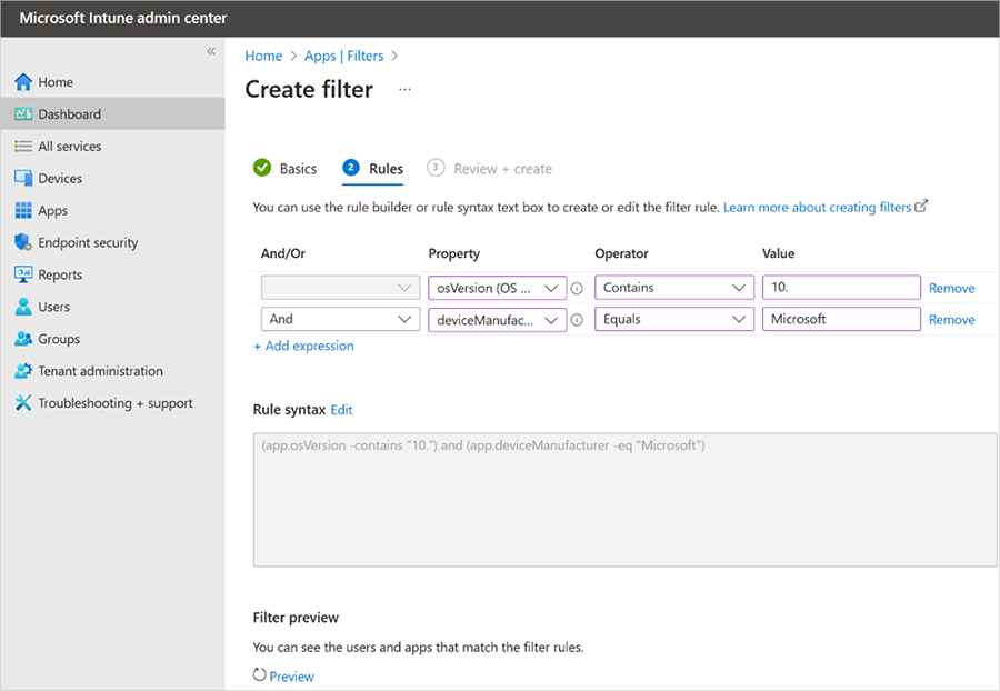 Screenshot of the Create filter page for apps, showing the rule builder streamlining the filter property definition process.