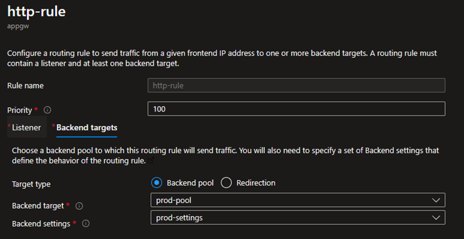 An existing routing rule sending traffic from our above listener to an existing production backend pool