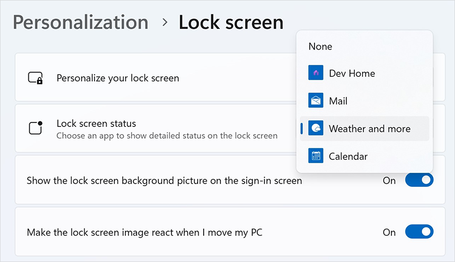 Lock screen personalization settings in Windows 11. “Weather and more” is selected.