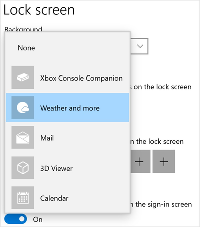 Lock screen settings in Windows 10. “Weather and more” is selected.