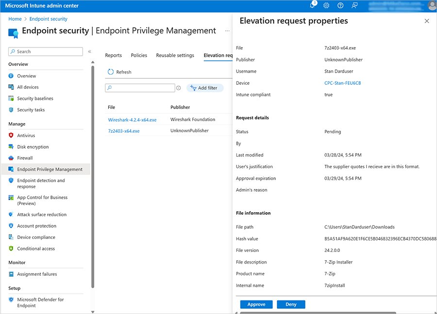 To review and approve or deny a request, an IT admin can find the “Elevation requests” tab in the Endpoint Privilege Management page of the Microsoft Intune console.